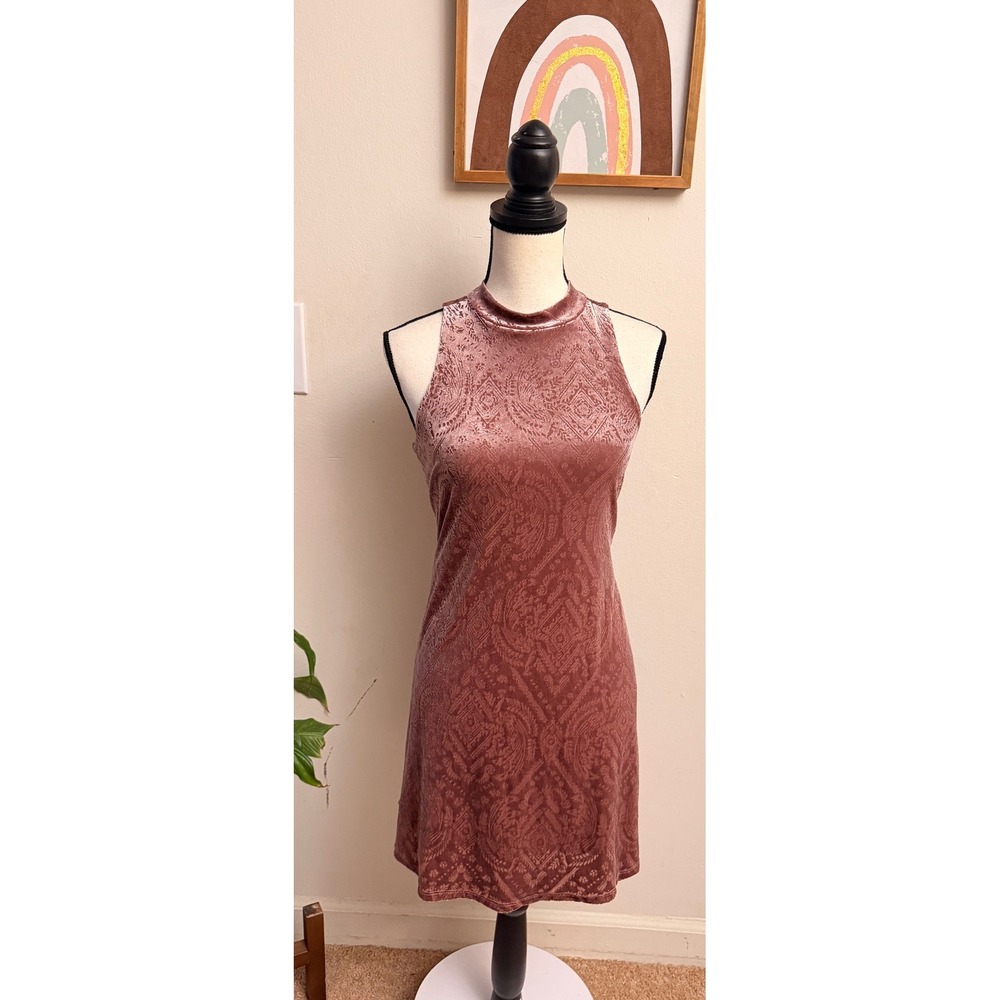 Mudd Velvet Burnout Dress Womens Size Small Mauve Pink Paisley Mock Neck Mini